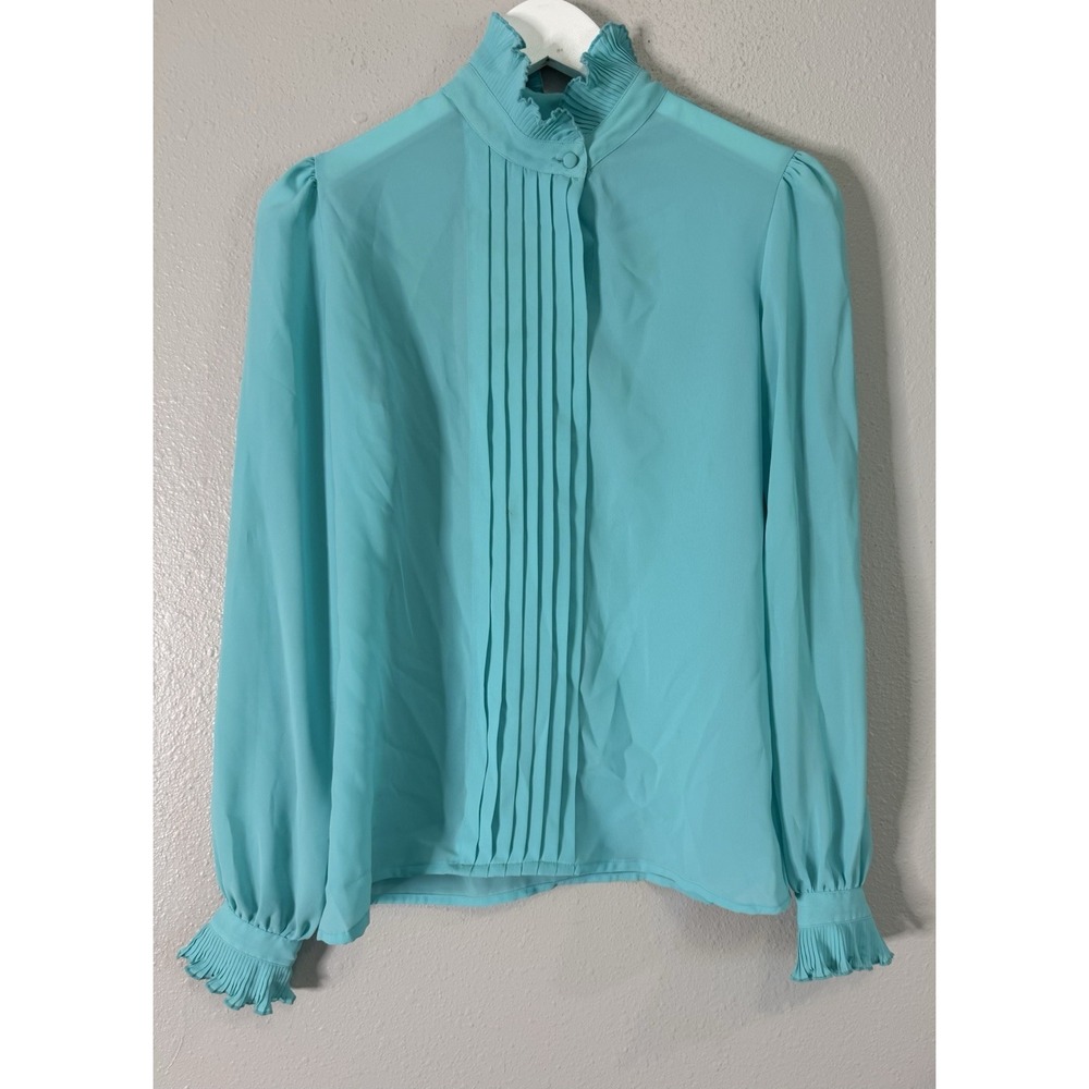 Vintage 70s Aqua Secretary Blouse Pintuck High Neck Ruffle Cuffs Mod Size 6